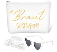 Xuniea 3 Stück Braut Geschenke Set Braut Kosmetiktasche aus Canvas JGA Weiße Make-up Tasche Herzförmige Sonnenbrille Braut Haarspange aus Acryl mit Strasssteinen Zubehör für Hochzeit Brautparty Frauen