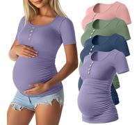 Xuniea 4er-Pack Umstandsshirts für Damen, Kurzarm, Gerippt, aus Baumwolle, Henley-Ausschnitt, Seitlich Gerafft(M,Lavendel, Nebelblau, Graugrün, Hellrosa)