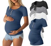 Xuniea 4er-Pack Umstandsshirts für Damen, Kurzarm, Gerippt, aus Baumwolle, Henley-Ausschnitt, Seitlich Gerafft(L,Schwarz, Hellgrau, Weiß, Nebelblau)