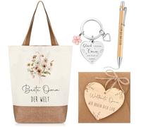 Xuniea 6 Stück Beste Oma Der Welt Einkaufstasche Geschenkset, Leinentasche, Kugelschreiber aus Holz, Schlüsselanhänger, Herzförmiges Holzstück, Umschlag, Hanfseil für Weihnachten Geburtstag Muttertag