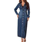 XUSAI Blau,XXL,Maxi-Jeanskleid für Damen, langärmliges Revers-Knopf-Kleid, langes Jeanskleid, lässiger Denim-Trenchcoat für den Herbst