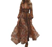 XUSAI Caramel,XXL,Sexy V-Ausschnitt Langarm Blumenkleid Für Damen Vintage Western Country Maxi Chiffonkleid Herbst Freizeitkleid