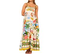 XUSAI Flower 2,M,Sommerkleid Für Damen, Sexy Spaghettiträger, Maxi-Sommerkleider, Lässiges, Ärmelloses, Fließendes Blumenkleid Mit Taschen