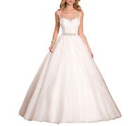 XUYUDITA Elegantes Rundhalsausschnitt-Ballkleid der Frauen A-Line Hochzeits-Kleid-Spitze-wulstiges Brautkleid Elfenbein-42
