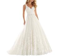 XUYUDITA Lace V Neck Brautkleid Perlen Brautkleider Appliques Straps Brautkleid Elfenbein-40