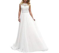 XUYUDITA Lange Brautkleider Frauen Brautkleider Spitze Chiffon A Linie Rückenfrei Hochzeitskleid Gr. 44, elfenbeinfarben