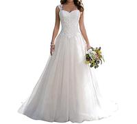 XUYUDITA Langes Hochzeitskleid Spitze Brautkleid A Linie Sweetheart Tüll Hochzeitskleid, elfenbeinfarben, 36