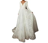 XUYUDITA Spitze Weiß Brautkleider Langarm V-Ausschnitt Boho Brautkleider Satin Rückenfrei Gr. 40, elfenbeinfarben