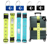 XXL Set 4X Kofferband & 4X Kofferanhänger - Koffergurt besonders auffällig - Gurtband inkl. Namensschild für Koffer & Gepäck - Luggage Strape