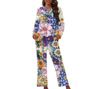 XXQGOMG 2-teiliges Pyjama-Set mit Knopfleiste für Damen, langärmelig, Bluse und Hose, Nachtwäsche, Boho-Blumendruck 1, M