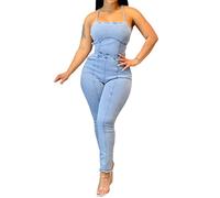 xxxiticat Damen Denim Jumpsuit Lässige Ärmellose Armband zurück Spitze Bodycon Jean Hosen Rompers(BE,S)