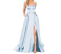 xxxiticat Damen Elegant Lange Ballkleider mit Taschen Satin A-Linie Backless Hochzeitskleid Abendkleider Sexy Neckholder Spaghetti Brautkleid Kleider Lang Prinzessin Brautjungfer Kleid (LB-L)