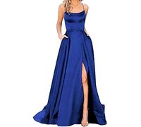 xxxiticat Damen Elegant Lange Ballkleider mit Taschen Satin A-Linie Backless Hochzeitskleid Abendkleider Sexy Neckholder Spaghetti Brautkleid Kleider Lang Prinzessin Brautjungfer Kleid (SB-2XL)