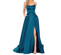 xxxiticat Damen Elegant Lange Ballkleider mit Taschen Satin A-Linie Backless Hochzeitskleid Abendkleider Sexy Neckholder Spaghetti Brautkleid Kleider Lang Prinzessin Brautjungfer Kleid (PB-L)