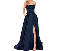 xxxiticat Damen Elegant Lange Ballkleider mit Taschen Satin A-Linie Backless Hochzeitskleid Abendkleider Sexy Neckholder Spaghetti Brautkleid Kleider Lang Prinzessin Brautjungfer Kleid (ZQ-S)