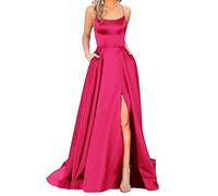xxxiticat Damen Elegant Lange Ballkleider mit Taschen Satin A-Linie Backless Hochzeitskleid Abendkleider Sexy Neckholder Spaghetti Brautkleid Kleider Lang Prinzessin Brautjungfer Kleid (RO-L)