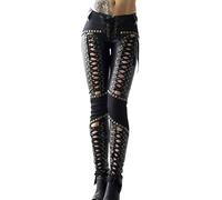 xxxiticat Damen-Leggings aus Kunstleder, überkreuzt, hohe Taille, Nieten, Schnürung, Bandage, PU-Leder, Patchwork, Skinny-Leggings