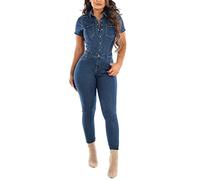 xxxiticat Damen Sexy Kurzarm Nachtclub Denim Jumpsuits Strampler Lang One Piece Stretch Strampler mit Tasche(BE,S)