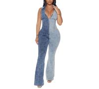 xxxiticat Damen Sexy Reißverschluss Farbblocking Denim Jumpsuits Kurzarm Nachtclub Strampler One Piece Stretch Strampler(BE,L)