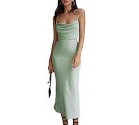 xxxiticat Damen Wasserfallausschnitt Maxi Slip Kleid Spaghettiträger Ärmellos Taille Ausschnitt Rückenfrei Lace Up Satin Kleider, Grün, Klein