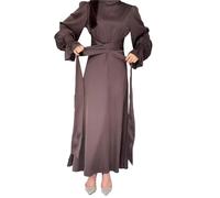 xxxiticat Grünes Damenkleid aus Satin, Lange Laternenärmel, Stehkragen, Puff-Schulterbindung, Taille, plissiert, Cocktailkleid, Maxi-Slip-Kleid, Kaffee, Mittel
