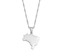 XYFCJK Brasilien Karte Anhänger Halskette - Land Umriss Ethnischer Stil Hip-Hop Schmuck, Minimalistische Einfarbige Charme Dünne Kette, Frauen/Mädchen/Männer Unisex,Silb