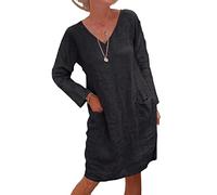 XYFCJK Loses Kleid Für Damen In Übergröße - Vintage-Baumwollleinen Lässiges, Schlichtes Kleid Mit Taschen, Langen Ärmeln, Einfacher Stil, Retro-Sommerferienrock Mit Hoher Taille, Schwarz, 3XL