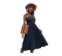 XYFCJK Rückenfreier Spaghetti-Träger Für Damen - Einfarbige Baumwolle Und Leinen Elegantes, Lässiges Sommerkleid, Einreihiges Overknee-Midikleid, Sommer-Partyrock,Marineblau,L
