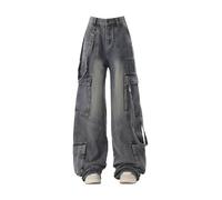 Xytraiihw Blau,L, Graue Cargo-Jeans Für Damen, 90Er-Jahre-Vintage-Y2k-Baggy-Jeans Mit Taschen, Streetwear-Jeanshose, Jeans Mit Hoher Taille