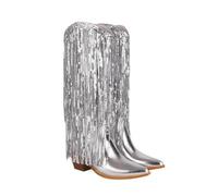 Xytraiihw Cowboystiefel Mit Fransen Für Damen, Winterstiefel Dickem Blockabsatz Glitzer-Westernstiefeln Spitzer Kniehohe Stiefeletten,Silber,39