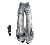 Xytraiihw Damen Retro Cargo Jeans, Damen Jeanshose Mit Hoher Taille Und Taschen Lässige Mode Distressed Baggy Denim Hose Y2k Streetwear Schlaghose Für Den Alltag,Blau,XL