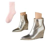 Xytraiihw Damen Stiefeletten Mit Keilabsatz Pitze Zehe Schuhe Frühling Sommer Reißverschluss Hinten Booties PU-Leder Große Größe Elegant Kurzstiefe,Silber,41 EU