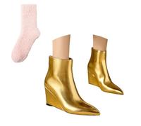 Xytraiihw Damen Stiefeletten Mit Keilabsatz Pitze Zehe Schuhe Frühling Sommer Reißverschluss Hinten Booties PU-Leder Große Größe Elegant Kurzstiefe,Gold,40 EU