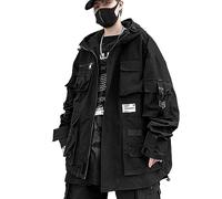 XYXIONGMAO Gothic Clothes Tactical Cyberpunk Techwear Zipper Jacket Windbreaker Hooded Streetwear Jackets for Men, Schwarz, XXL