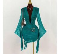 Y2K Amplova Damen Langarm-Minikleid aus grünem, figurbetontem Mesh mit Rüschen und Neckholder. Perfekt für Herbst/Winter, Silvester, Weihnachten, Hall