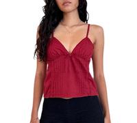 Y2k Babydoll-Top für Damen, sexy Spitze, Rüschen, V-Ausschnitt, Spaghettiträger, Schößchen, Tank-Top, Coquette zum Ausgehen, Streetwear, Rote Schleife, Klein