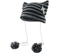 Y2k Beanies Häkeln Gestrickte Katze Hüte Goth Kreuz Teufel Hut Gestreift Alt Emo Zubehör Grunge Y2k Ästhetische Kleidung, Grau, Einheitsgröße