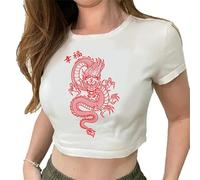 Y2K Crop Top für Damen Chinesischer Drache Muster Print Kurzarm T-Shirt Crop T-Shirt für Mädchen Teen