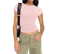 Y2K Crop Tops Damen - T Shirt Damen Kurzarm Basic Top Bauchfreies Oberteile Rundhals Slim Fit Tshirt Cropped Pullover Tunika Tee Bluse Streetwear Klamotten für Frauen Teenager Mädchen