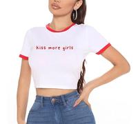 Y2k Crop Tops für Frauen -Kiss More Girls Lustiger Grafikdruck Kurzarm Crop T-Shirt Frauen Mädchen Slim Fit T-Shirt