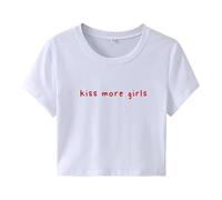Y2k Crop Tops für Frauen -Kiss More Girls Lustiger Grafikdruck Kurzarm Crop T-Shirt Frauen Mädchen Slim Fit T-Shirt