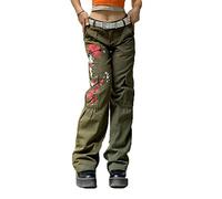 Y2K Damen-Jeans mit hoher Taille, Gothic, Baggy, Gothic, Cargo-Jeans, weites, gerades Bein, Punk-Denim-Hose, lockere Hose, Streetwear, Green-T, S