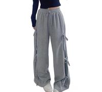 Y2K Damen-Sweathose mit seitlicher Fliege und weitem Bein, Kordelzug, hohe Taille, leger, lockere Passform, athletische Hose mit Taschen, Sportbekleidung für Wandern, Yoga, Lounge, Alltag, grau, S