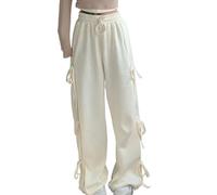 Y2K Damen-Sweathose mit seitlicher Fliege und weitem Bein, Kordelzug, hohe Taille, leger, lockere Passform, athletische Hose mit Taschen, Sportbekleidung für Wandern, Yoga, Lounge, Alltag, beige, S