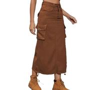 Y2K Denim Cargo-Röcke für Frauen Verstellbarer Lässiger Kordelzug Klappentasche a Line Langer Rock Mit Tasche (Color : Brown, Size : XL)