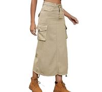 Y2K Denim Cargo-Röcke für Frauen Verstellbarer Lässiger Kordelzug Klappentasche a Line Langer Rock Mit Tasche (Color : Beige, Size : L)