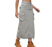 Y2K Denim Cargo-Röcke für Frauen Verstellbarer Lässiger Kordelzug Klappentasche a Line Langer Rock Mit Tasche (Color : Gray, Size : L)