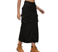 Y2K Denim Cargo-Röcke für Frauen Verstellbarer Lässiger Kordelzug Klappentasche a Line Langer Rock Mit Tasche (Color : Black, Size : L)