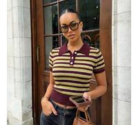 Y2K Farbblock gestreifter Polokragen Kurzarm Strickpullover, Slim Fit Preppy Stil gestricktes Oberteil Sommer