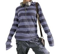 Y2K Gestreiftes Damen-Shirt, langärmelig, Baggy-Oberteil, lässig, Vintage, Y2K, Rundhalsausschnitt, locker, ästhetisches T-Shirt, Oberteil, Grunge-Streetwear, blau, L